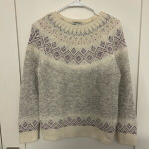 Orvis Women's Sweater with Cream and Purple Design